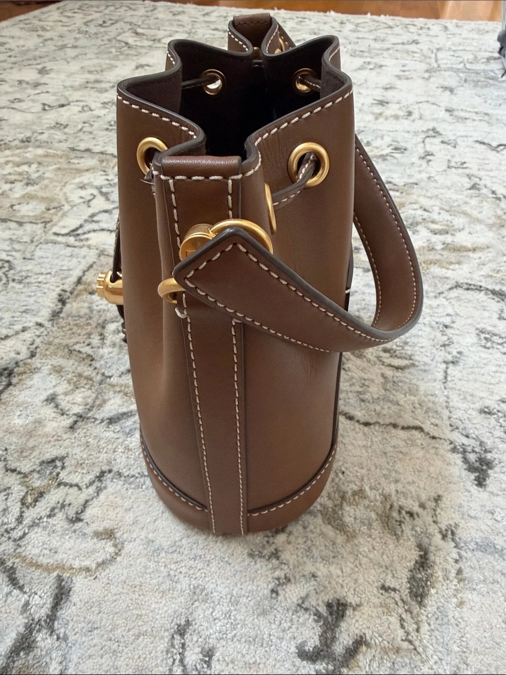 Tory Burch Classic Brown Leather Bucket Bag with Gold Hardware